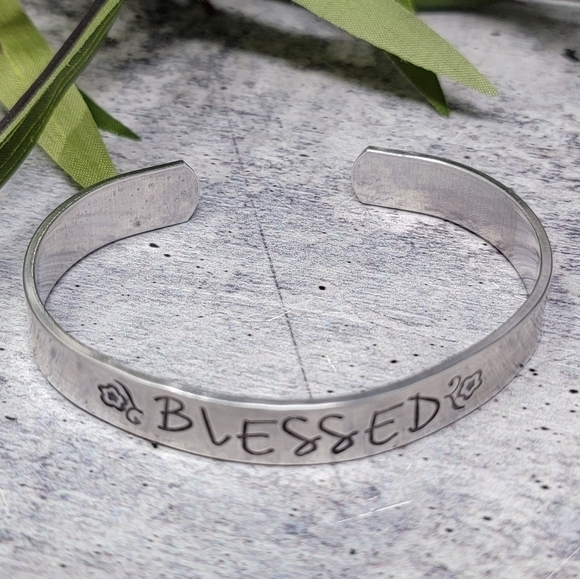 Handmade Silver "Blessed" Cuff Bracelet - Picture 1 of 2